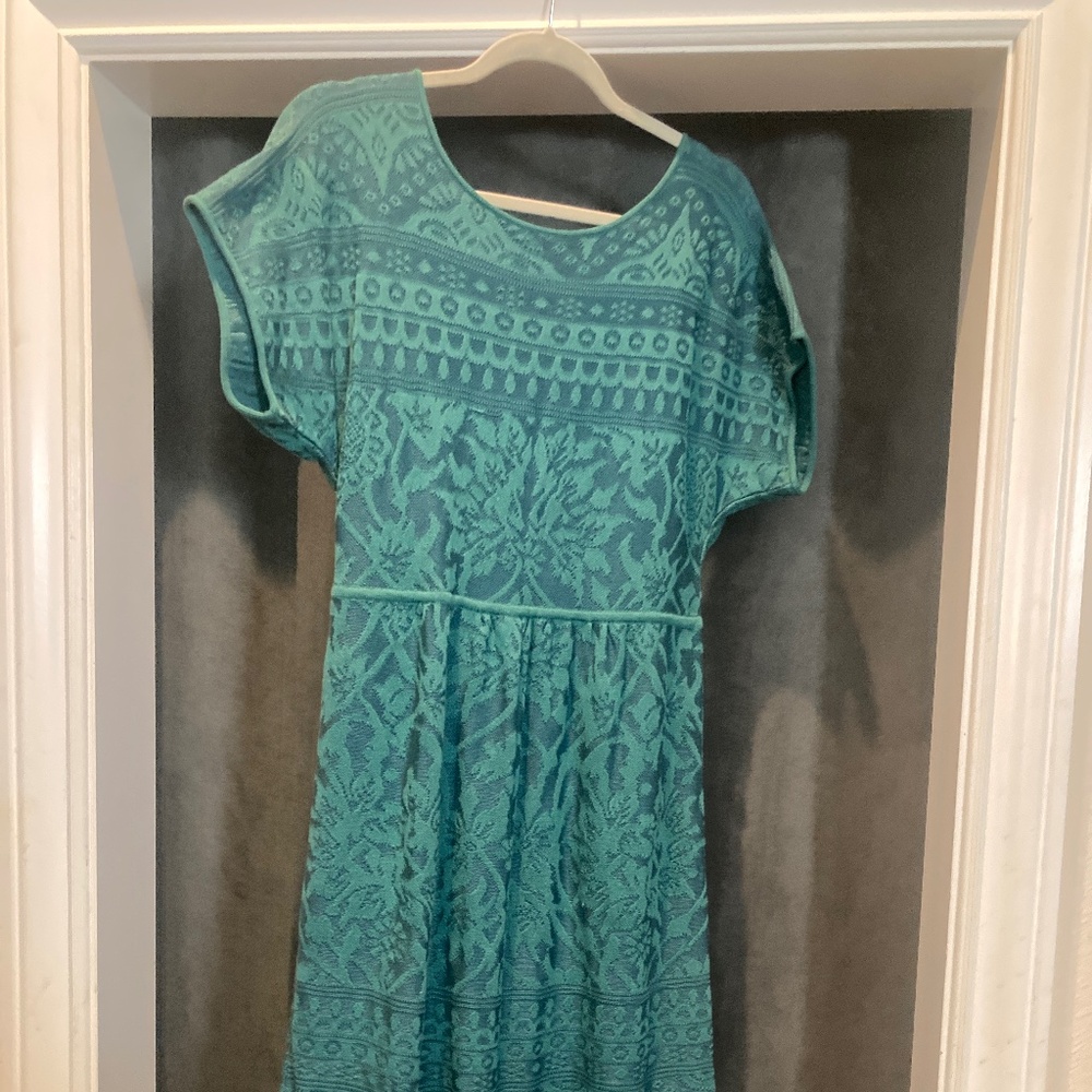 Peruvian Connection 100% Pima Cotton Textured Knit Midi Dress Size M Green Teal